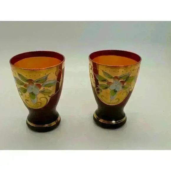 MCM Vintage Cranberry Shot Glasses set of Two Hand Painted Gold Band Beautiful - Picture 1 of 10